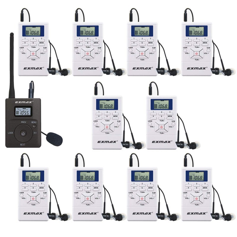 EXMAX E108 DSP Stereo Wireless Headsets FM Radio Broadcast System for Tour Guide Teaching Meeting Training Travel Field Interpretation 1 Transmitter & 10 Receivers (White) - Image 1